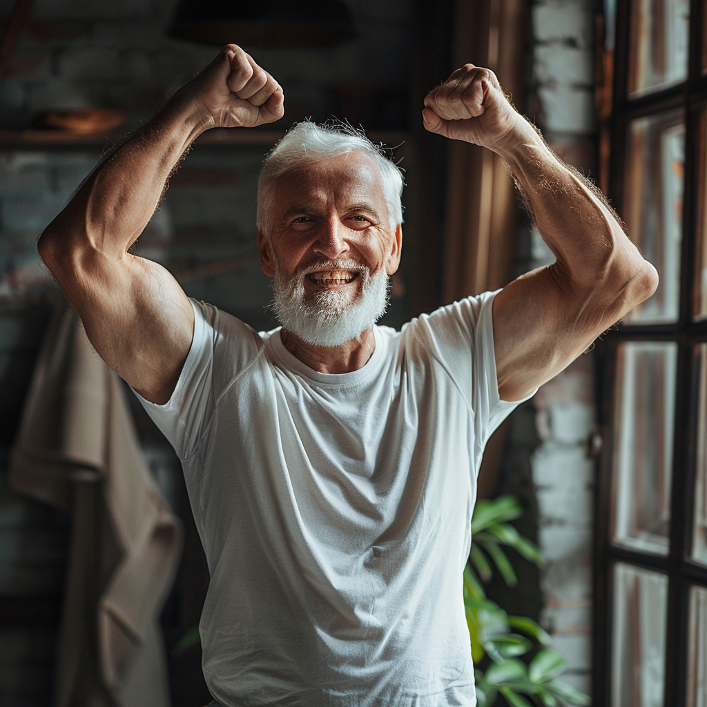 Muž provádí dechové cvičení v přírodě